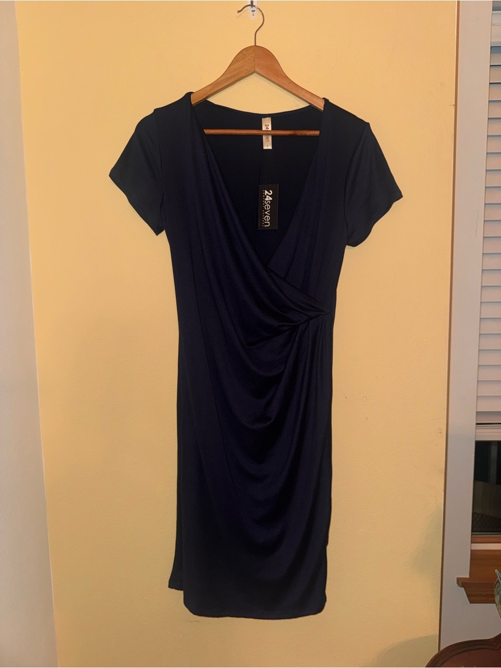 2.4Seven Navy Faux-Wrap Short Sleeve Draped Dress